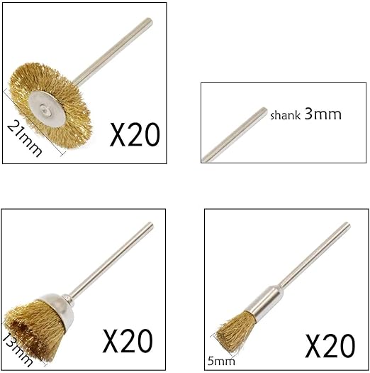 Brass Wire Brushes Cup Wheels Polish Cleaning Brush Kit Polishing Attachment Die Grinder Rotary Tools Accessories 3 MM Mandrel 60 Pieces