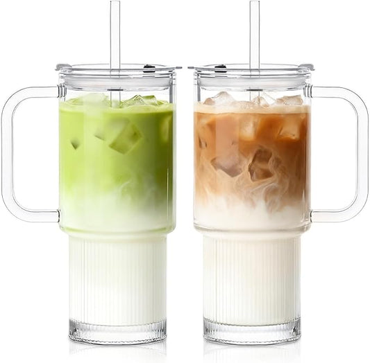 INSETLAN 26oz Glass Tumbler with Handle & Lid – 2-Pack Large Iced Coffee Cups with Straws, Modern Glass Mug for Cold & Hot Beverages, Aesthetic Glass Cups for Smoothies, Tea, and Juice