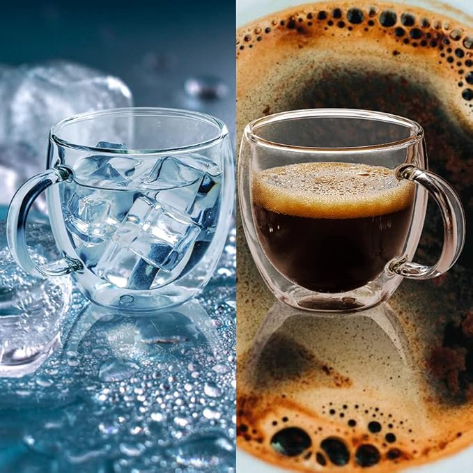 Double Wall Glass Espresso Cups 5oz/150ml, A set of 2, Thermo Insulated Borosilicate Glass Cups with Handle