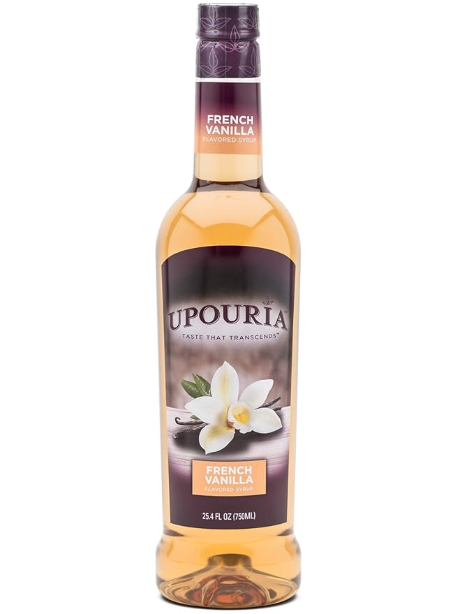 Upouria French Vanilla Coffee Syrup Flavoring, 100% Vegan, Gluten-Free, Kosher, 750 mL Bottle (Pack of 2) with Coffee Syrup Pump
