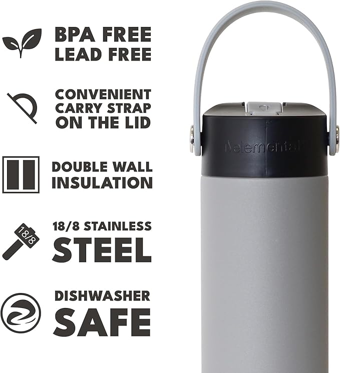 Elemental 24oz Insulated Water Bottle with Straw - 100% Leak-Proof Stainless Steel Core Water Bottles for Travel, Sports and Gym - Double Wall Insulation & BPA Free - Graphite