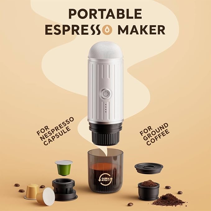 Portable Electric Espresso Machine Self-heating with USB-C, 12V 7500mAh Rechargeable Travel Coffee Maker for Camping Hiking Office Car 19 Bar Compatible with NS Capsules & Ground Coffee