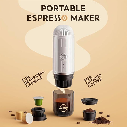 Portable Electric Espresso Machine Self-heating with USB-C, 12V 7500mAh Rechargeable Travel Coffee Maker for Camping Hiking Office Car 19 Bar Compatible with NS Capsules & Ground Coffee