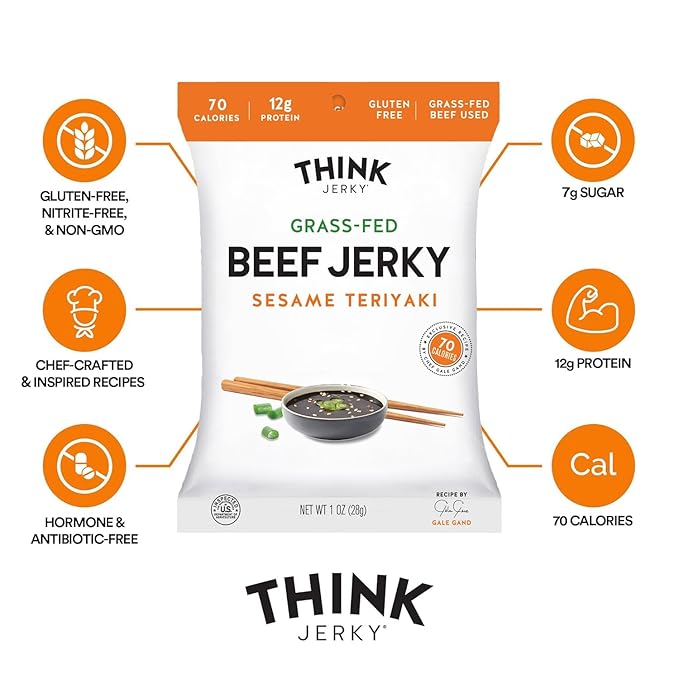 Think Jerky Sesame Teriyaki Beef Jerky, Grass-Fed High Protein Beef, Gluten Free, No Antibiotics or Nitrates, Healthy Chef Crafted Recipe, Low Calorie and Low Fat - 1.0 oz Bags, 8 Pack