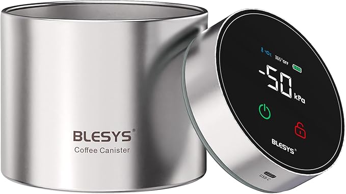 Smart Vacuum Coffee Canister, Automatic Stainless Steel Food Storage Container, LCD Monitoring, One-touch Freshness, Date Tracker, Extra-long Standby Time, holds 11oz Coffee Beans (Silver, 0.9L)