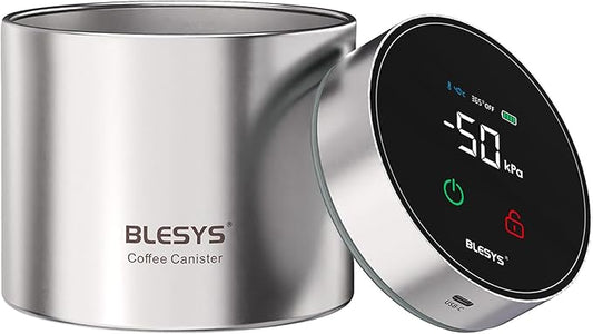 Smart Vacuum Coffee Canister, Automatic Stainless Steel Food Storage Container, LCD Monitoring, One-touch Freshness, Date Tracker, Extra-long Standby Time, holds 11oz Coffee Beans (Silver, 0.9L)
