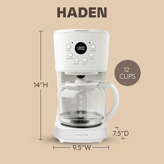 HADEN Coffee Machine, 12 Cup Programmable Drip Coffee Maker, Ivory & Chrome