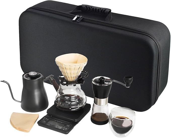 Pour Over Coffee Maker Set, Portable coffee Set - Manual Coffee Grinder, Coffee Dripper Set, Gooseneck Kettle，two cups, suitable for Camping, RV, Home, and Office