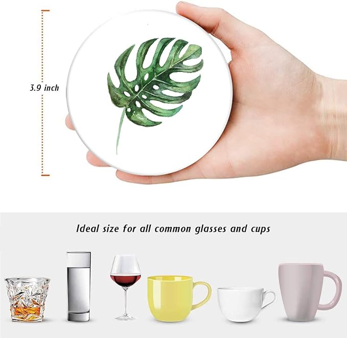 Britimes Set of 6 Coasters for Drinks Absorbent Green Leaves with Cork Base, Metal Holder, Round Stone Drink Mat for Coffee Wood Table, Gift for Birthday, Farmhouse Housewarming Room Bar Decor