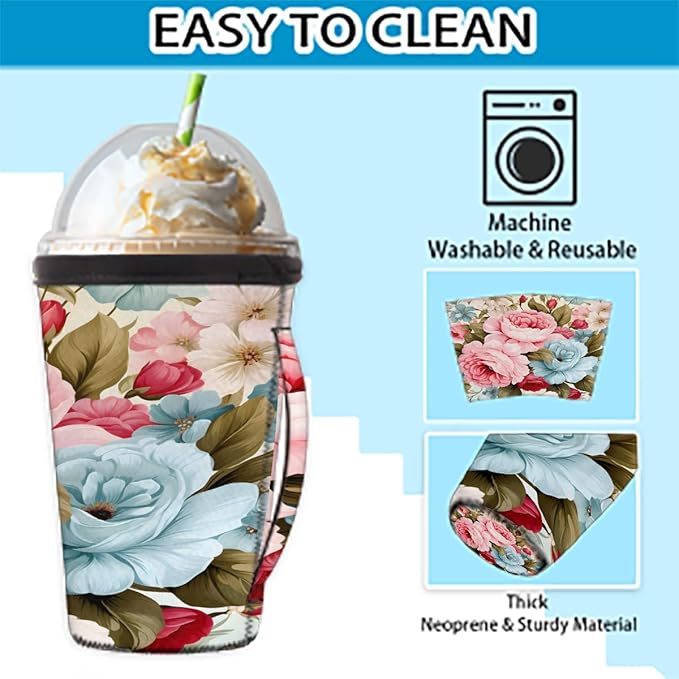 Reusable Iced Coffee Cup Sleeve Peony Neoprene Insulated Sleeves Cup Holder with handle Idea for 24oz - 28oz