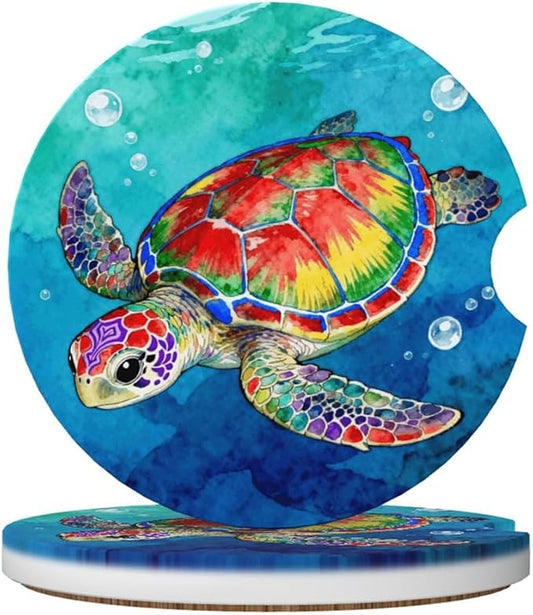Car Cup Holder Coasters, 2 Pcs Ceramic Coasters with Finger Slot and Cork Back, Anti-Slip Shock Absorbing Women and Men Universal Car Accessories - Colorful Sea Turtle