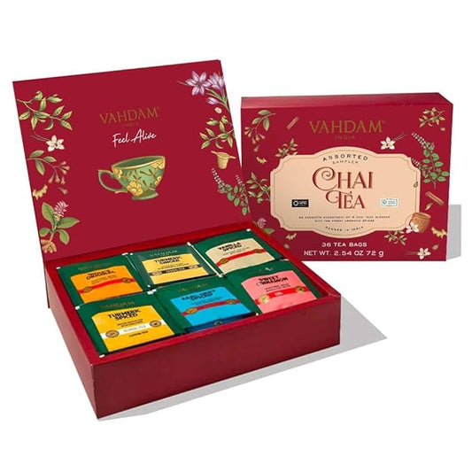 VAHDAM, Assorted Chai Tea Variety Pack (6 Delicious Flavors, 36 Eco Friendly Pyramid Tea Bags) Caffeinated, Gluten Free, Non GMO | Indian Masala Chai Tea Blends | Valentines Day Gifts for Him & Her