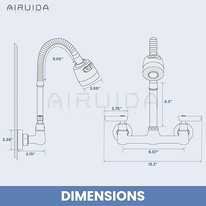 Airuida Chrome Polish Wall Mount Kitchen Sink Faucet 8 Inch Center Unility Faucet Wall Mounted Double Lever Handles Commercial Faucet with 360 Degree Rotation Sprayer Brass Valve Body Mixer Tap