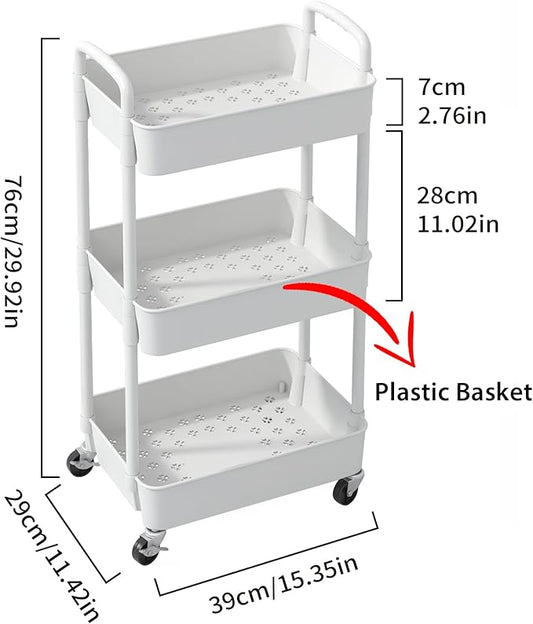 Sywhitta 3-Tier Plastic Rolling Utility Cart with Handle, Multi-Functional Storage Trolley for Office, Living Room, Kitchen, Movable Storage Organizer with Wheels, White