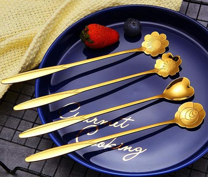 dealcase 4 Pcs Flower Spoon Coffee Teaspoon Set, Drink Stirring Spoon for Tea, Cake, Sugar, Dessert, Ice Cream, Cocktail Stirring, Coffee (Gold)