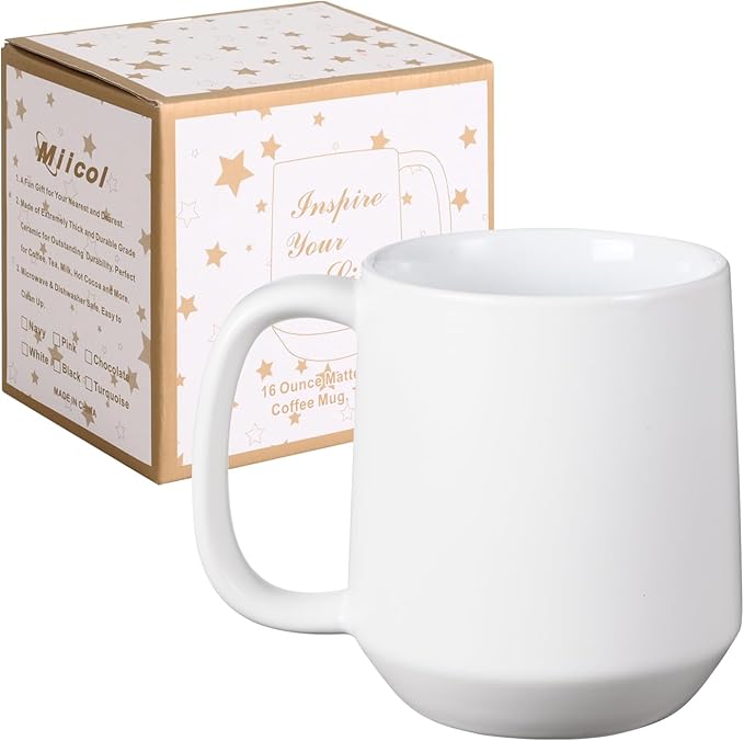 Miicol 16 oz Large Ceramic Coffee Mug, Tea, Mulled Drinks Cup, Gift for Office Staff or Home Using, Microwave and Dishwasher Safe, Frosted Surface, White