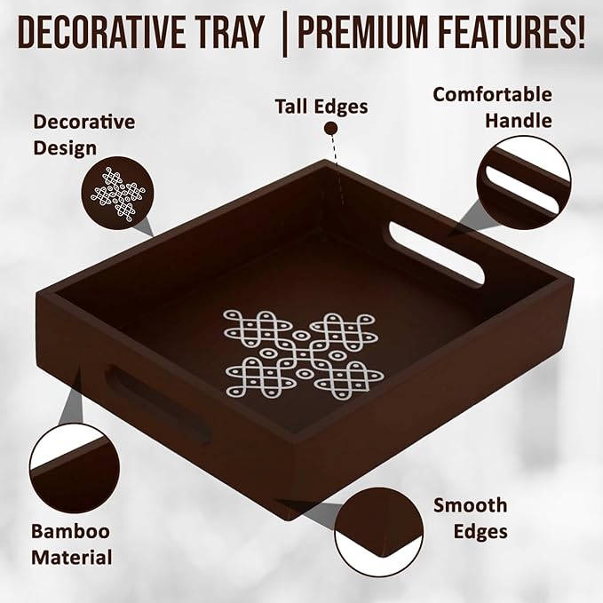 Coffee Table Tray with Handles, Return Gifts for Pooja, Return Gifts for Housewarming, Return Gifts, Indian Return Gifts, Indian Return Gifts for Pooja Bulk - 10" X 8" X 2" Size (4, Brown)