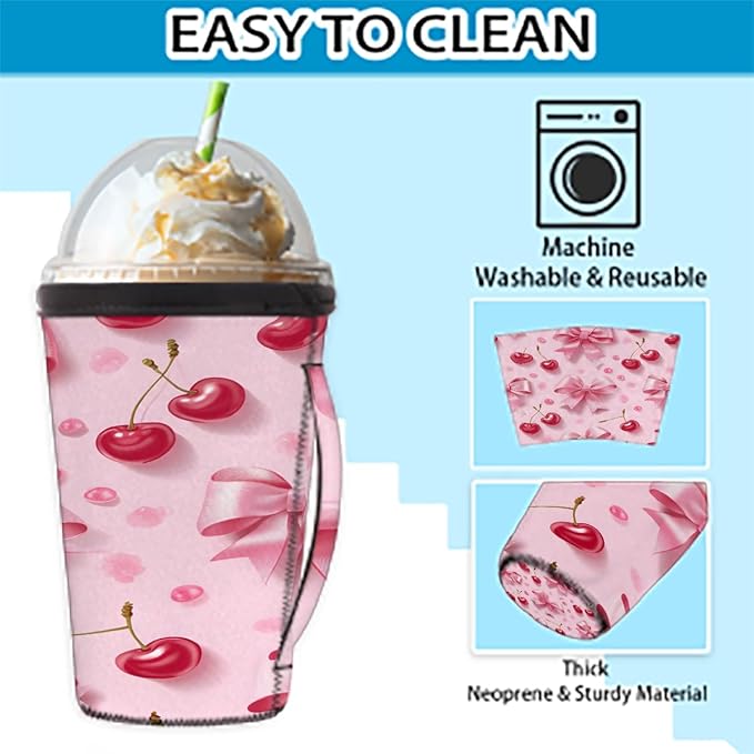 Reusable Iced Coffee Cup Sleeve Pink Bows Neoprene Insulated Sleeves Cup Holder with handle Idea for 30oz - 32oz