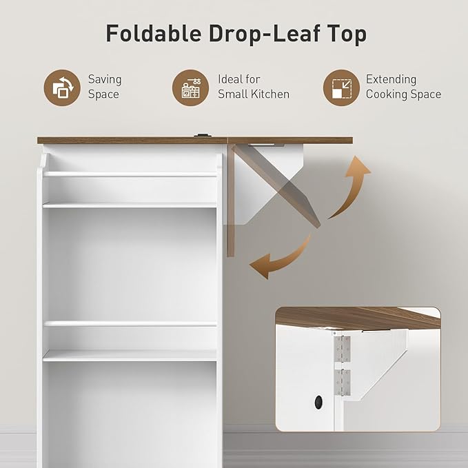 Kitchen Island with Power Outlets & Drop Leaf, Rolling Kitchen Cart on Wheels, Kitchen Storage Island with Spice Rack and Drawer for Kitchen, Dinning Room, White and Walnut