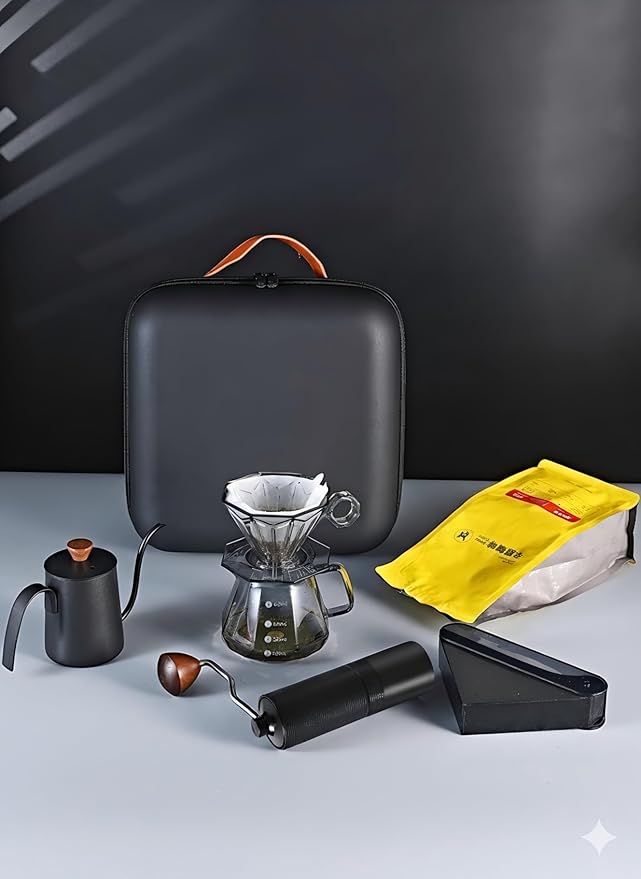 Pour Over Coffee Maker Set,All in One Travel Coffee Kit with Manual Burr Grinder, Stainless Steel Mug & Reusable Filter - Complete Coffee Dripper Set for Camping, Hiking & Office