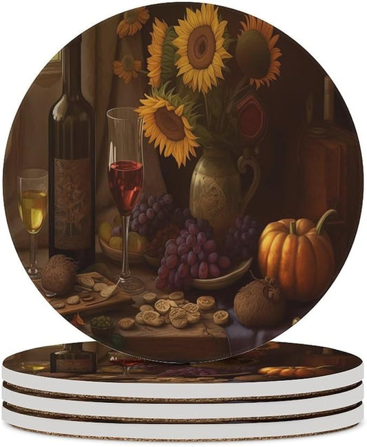 Round-4PCS Red Wine Ceramic Coasters, Round Absorbent Drink Coasters, Retro Red Wine Bottle and Grapes Fruit Sunflower Pattern Ceramic Table Coasters for Coffee, Beverage, Wine, Beer Coasters