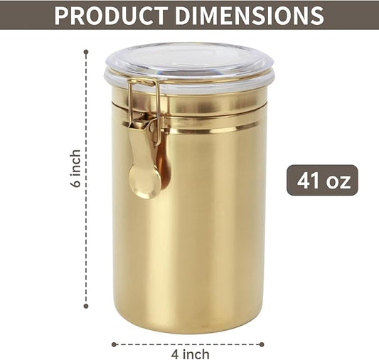 Kitchen Canister 41 oz,Airtight Stainless Steel Kitchen Food Storage Container for Coffee Beans,Beans,Tea,Flour, Cereal,Sugar.Coffee Container with Airtight Clear Lid and Locking Clamp.Gold