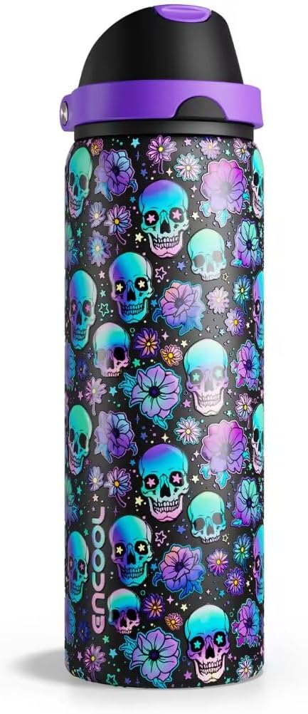Insulated Water Bottle with Straw - Encool Stainless Steel Water Bottle with Push Button Lid, Leak-Proof & BPA-Free, Keeps Cold for 24 Hours for Sports, Travel, Gym (32 oz, Floral Afterlife)
