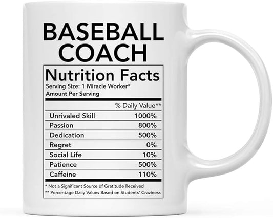 Andaz Press Funny 11oz. Ceramic Coffee Tea Mug Thank You Gift, Baseball Coach Nutritional Facts, 1-Pack