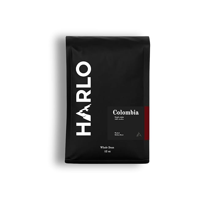 Harlo Coffee Roasters Colombian Single Origin Organic Medium Roast Whole Bean Coffee, 12 oz Bag, Peach Cherry and Blackberry Notes, 100% Arabica