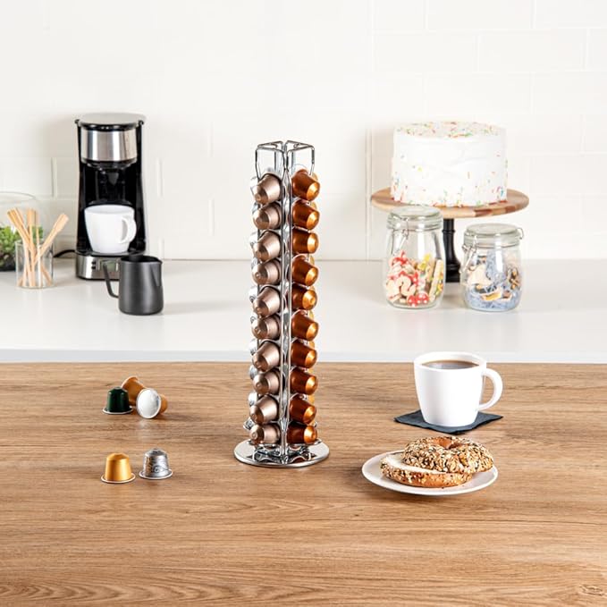 Restaurantware Restpresso 4.5 x 14.6 Inch Coffee Capsule Holder 1 Durable Pod Carousel - Holds 40 Nespresso Capsules 360-Degree Rotatable Iron Espresso Pod Organizer Pods Not Included