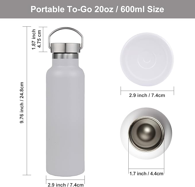 Neihepal 20 oz Insulated Water Bottles,Stainless Steel Double Wall Sport Bottle with Lid of Handle (8, White)