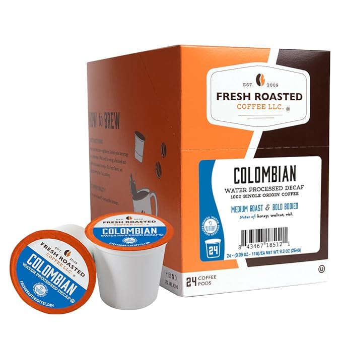 Fresh Roasted Coffee,100% Colombian Water Processed Decaf, Kosher, K-Cup Compatible, 24 Pods