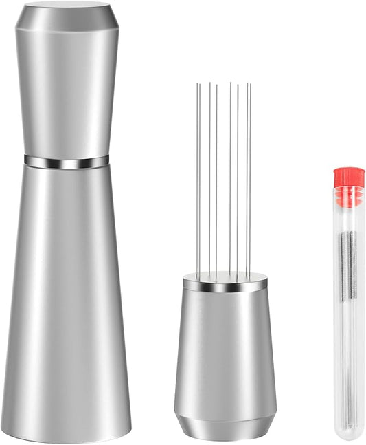 Jeymei WDT Espresso Distribution Tool, 0.35mm 8 Needle Coffee Stirrer with 8 Extra Needles, 304 Stainless Steel, Aluminum Alloy Handle with Stand, Barista Espresso Whisk Tool (Metal Silver)