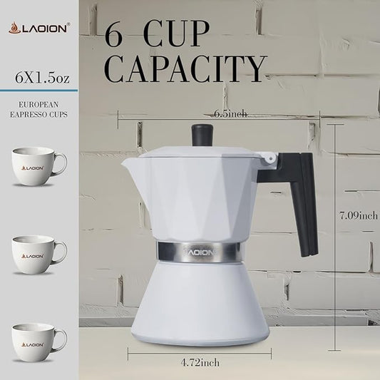 LAOION Moka Pot, 6-Cup Espresso Maker, 300ml Portable Stovetop Espresso Maker, Percolator Coffee Pot Compatible with Induction Cooktops, Suitable for Home and Camping (White)