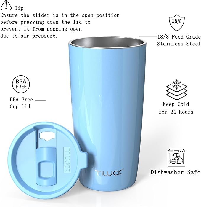 TILUCK 20 oz Tumbler with Lid, Vacuum Insulated Stainless Steel Coffee Mug, Double-Walled Travel Tumbler for Hot and Cold Drinks(GlitterBlue, 20oz)