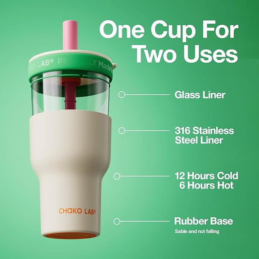 CHAKO LAB Insulated Stainless Steel Water Bottle | Dual-layer tumbler with Glass Linner and Stainsteel Linner | BPA-Free Leak Proof Thermos | 20oz Bottle with Two Straw | White and Green