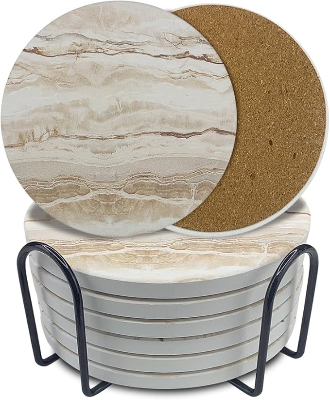 Ceramic Coasters Set of 6, Marble-Textured Design with Holder - Absorbent Cork-Backed Coasters for Cups, Bar & Coffee Table Decor Accessories (Khaki Marble, 6 Pack)