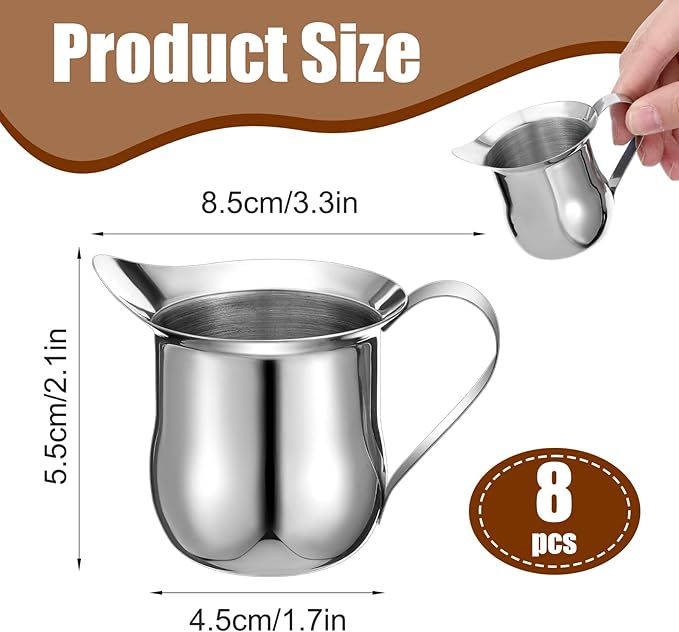 8 Pack 3 oz Creamer Pitcher - Stainless Steel Bell Creamers, Mini Creamer Dispenser with Pouring Spout for Serving Milk, Coffee Cream, Maple Syrup, Espresso Machine for Restaurant, Cafes