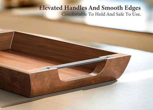 Acacia Wood Serving Tray with Metal Handles, 15x10 Inch Decorative Tray for Coffee Table Ottoman - Rustic Wooden Breakfast & Drink Tray, Farmhouse Centerpiece