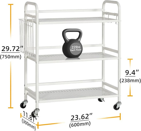 HDANI 3 Tier Metal Mesh Utility Cart,Large Capacity Multipurpose Heavy Vehicle,Rolling Trolley with to Hooks and One Basket(White)
