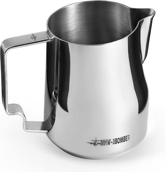 MHW-3BOMBER Milk Frothing Pitcher 12oz/350ml Milk Frother Cup Espresso Steaming Pitcher Stainless Steel Milk Frother Cup Barista Latte Art Round Spout Latte Art Pitcher P7121S