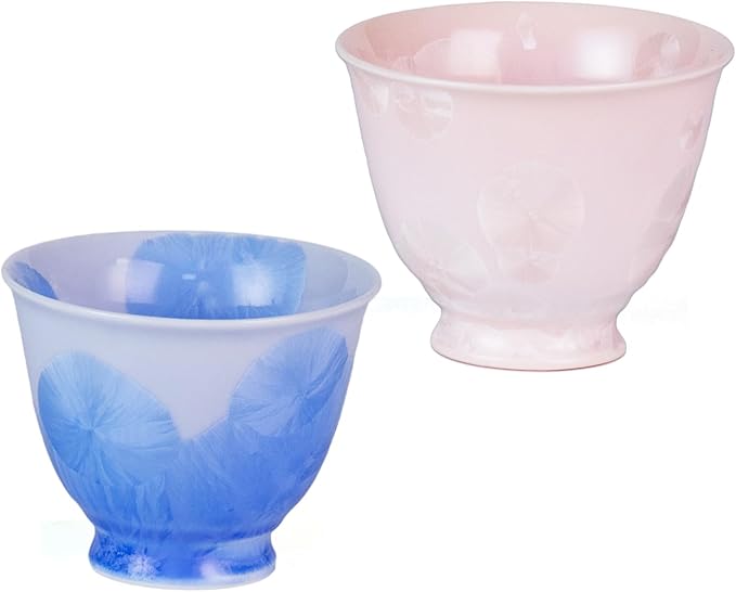 KAMMAK Ceramic Tea & Coffee Cups Set of 2 - Vintage Crystalline Glaze Espresso Mugs, 3.2oz Hand Painted for Afternoon Tea or Coffee, Birthday Gift for Women Men, Pink + Blue