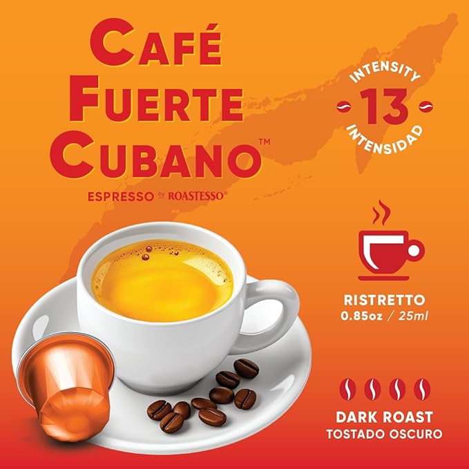 Café Fuerte Cubano, Aluminum Espresso Capsules, Compatible with Nespresso Original Machines, Dark Roast, Intensity 13, High Caffeine, Recyclable Coffee Pods, Roasted and Packaged in USA (80 Count)