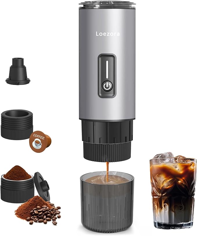 Leozora Portable Espresso Maker, 20Bar Professional Pressure, Stainless Steel Body, 7500mAh USB-C Rechargeable, 3-in-1 for Ground Coffee & Nespresso/DG Capsules, Ideal for Camping, Car, Office,Silvery