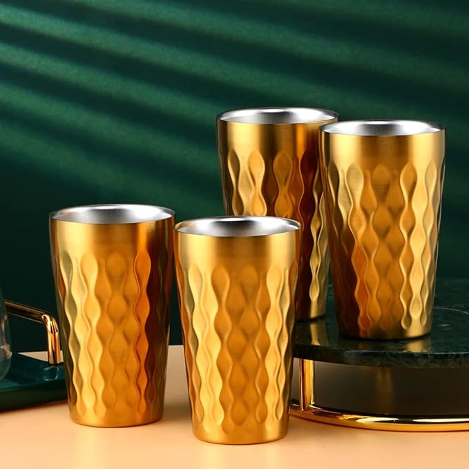 10oz Stainless Steel Cup Set, 2Pcs Double Wall Metal Cup，Vacuum Stackable Insulated Portable Drinking Tumblers Unbreakable Glasses，for Home Outdoor Restaurant (Gold)