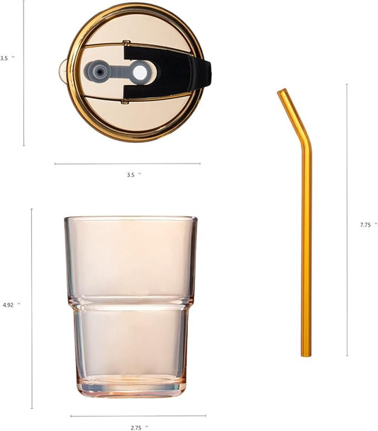 13oz/400ml Tumbler Water Glass, Cups with Straw and Lid Sealed Carry on for Coffee, Iced Tea, Thick Wall Insulated Glass Cup (Amber)…