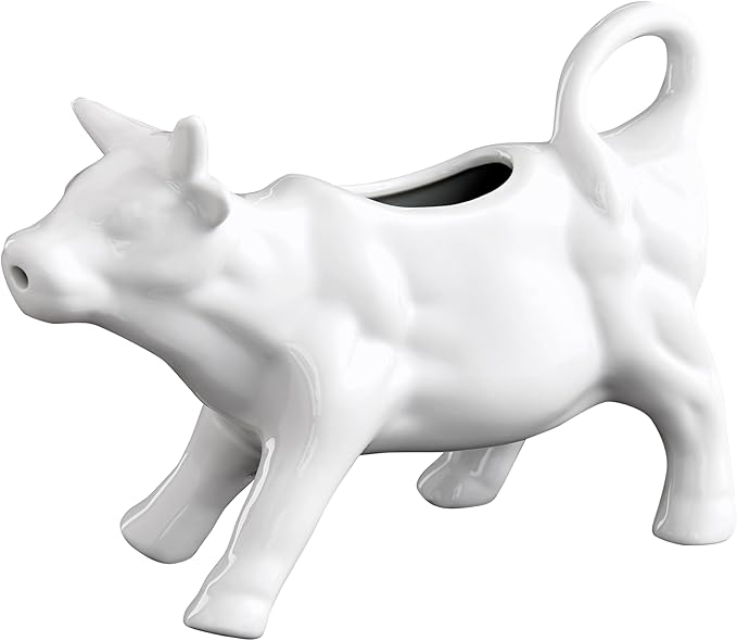 HIC Kitchen Cow Creamer with Handle, Fine Porcelain, 6-Ounce, for Serving Milk, Cream, Syrup, Dressings, and Sauces