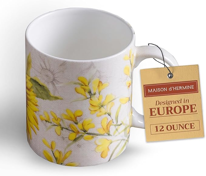 Maison d' Hermine Coffee Mug with Handles Fine Bone China Mugs Pack of One Tea Cups for Hot Beverages Cappuccino Latte Home Restaurant Office Perfect for Gift (Candice - Helianthe, 12 Ounce)