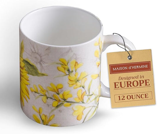 Maison d' Hermine Coffee Mug with Handles Fine Bone China Mugs Pack of One Tea Cups for Hot Beverages Cappuccino Latte Home Restaurant Office Perfect for Gift (Candice - Helianthe, 12 Ounce)