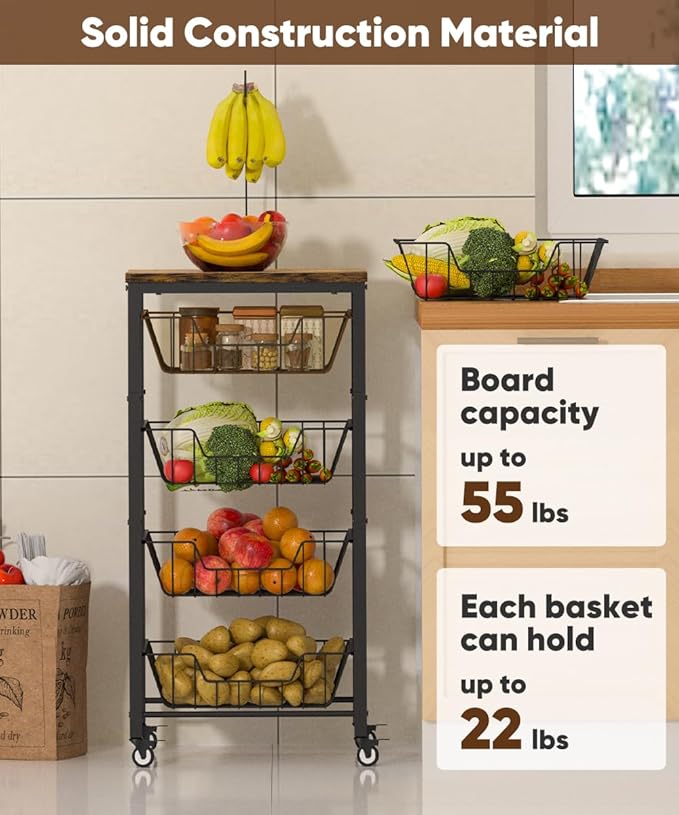 Fruit Vegetable Storage Cart for Kitchen, 5-Tier Vegetable Stand Rack with Pull-Out Fruit Baskets, Rolling Snack Cart with Wood Top & Banana Holder for Pantry, Living Room, Bathroom, Black